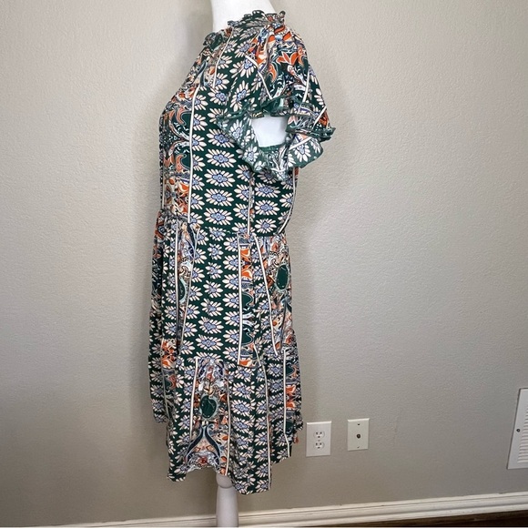 Kirundo Boho Floral Green and Orange Ruffle Sleeve Flowy Mini Dress Size Medium - Picture 10 of 16